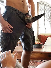 Manuel works over Phillipe with a bull horn and his giant uncut condomfree cock