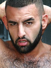 Hot bearded stud David Camacho shows off his hairy body and furry ass in a sexy backyard shower scene
